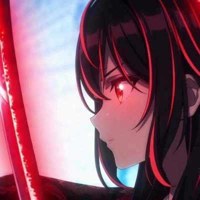赤と青の光に照らされた黒髪の人物のプロフィールイラスト